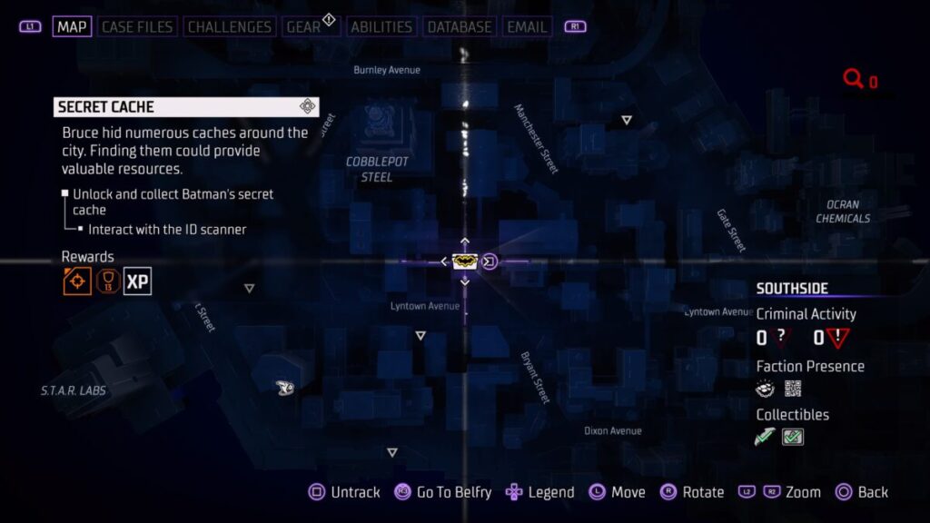 Map location of the Secret Cache in Gotham Knights
