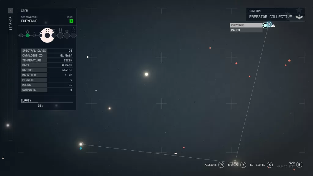 Starfield The Empty Nest mission starmap of the Cheyenne System