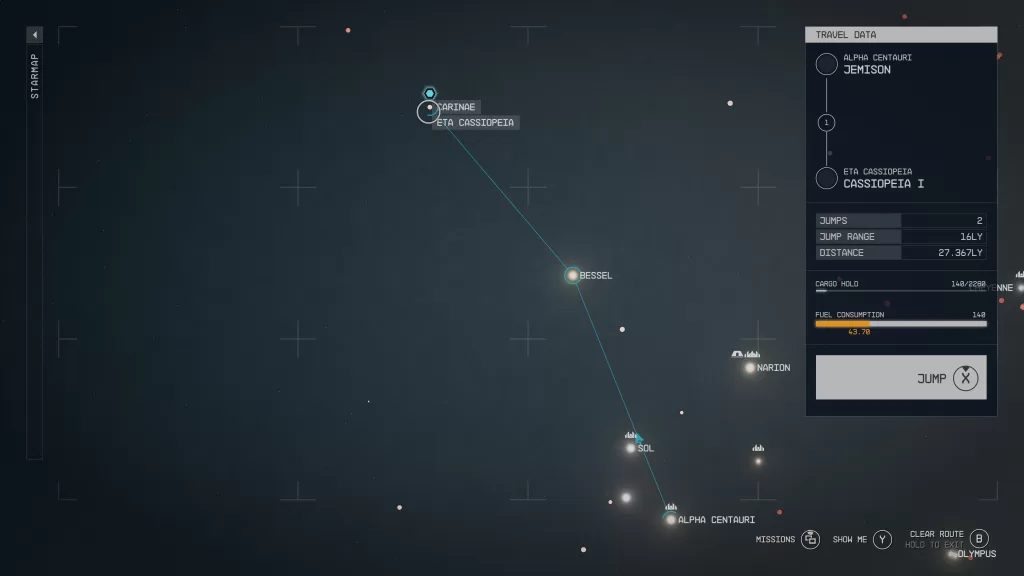 Cassiopeia I flight path during the Starfield In Memoriam mission