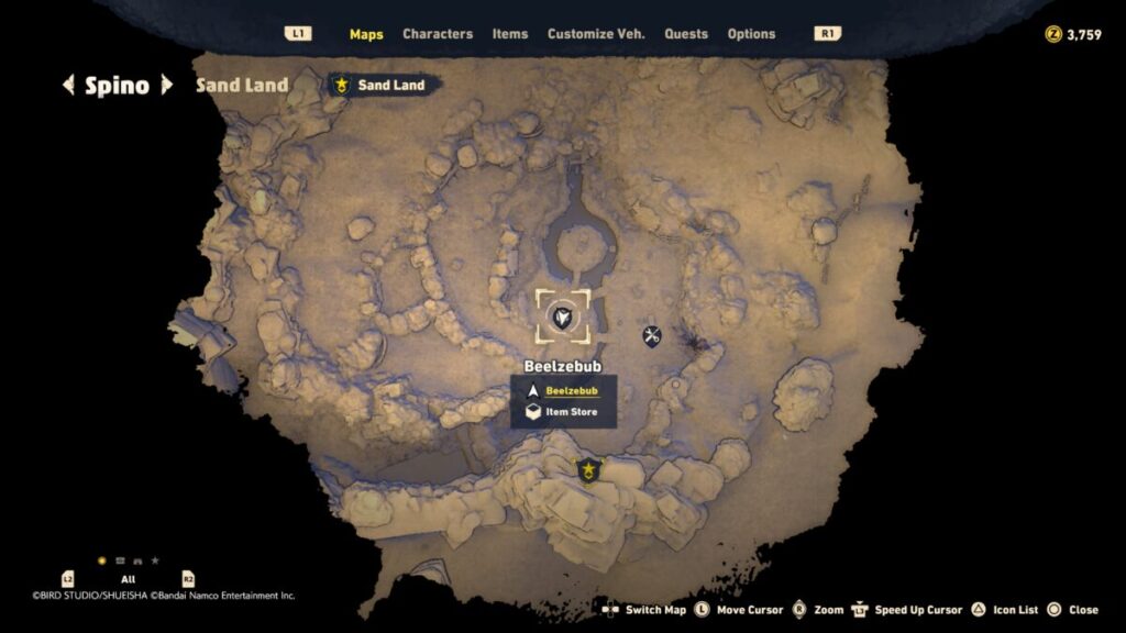 a map of where to start the Lost Peddler Quest in Sand Land