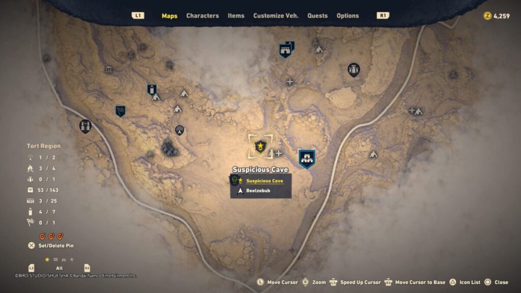 An image of the map area to start the Suspicious Cave Quest in Sand Land