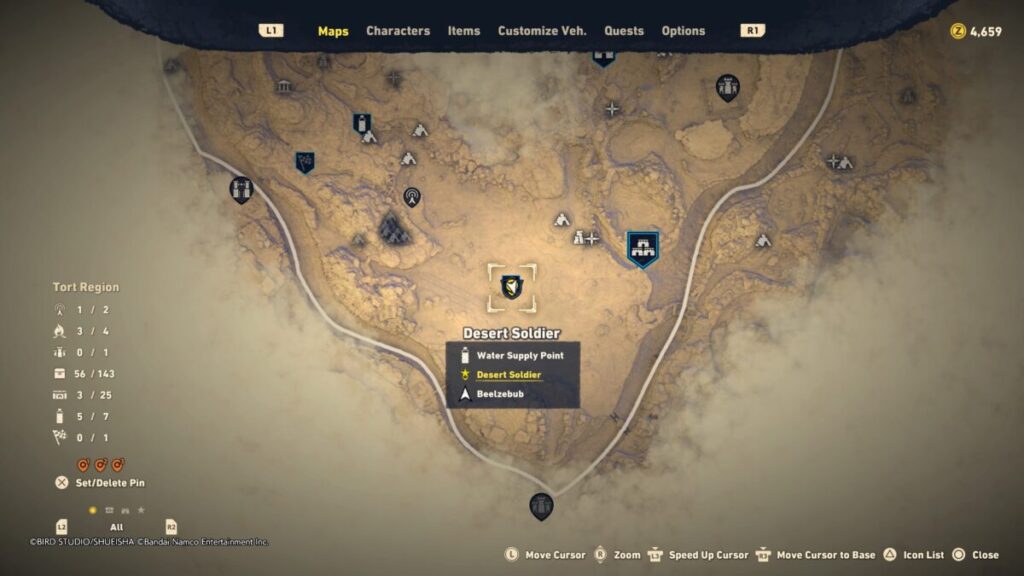 a map image of where to start the Desert Soldier Quest in Sand Land