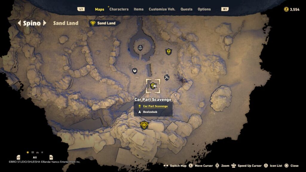 A map image of where to start the Car Part Scavenge quest in Sand Land