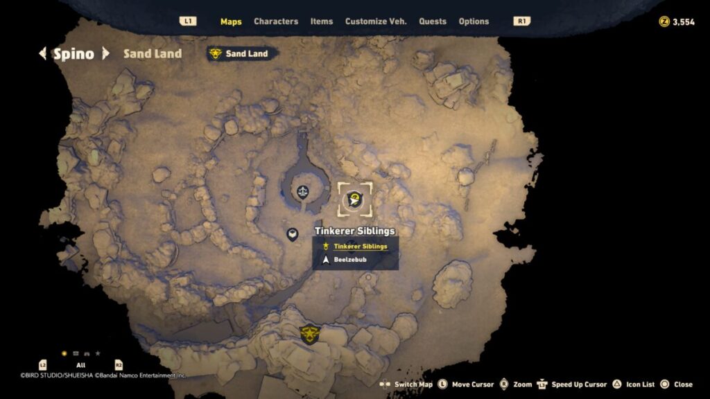 A map image of where to start the Tinkerer Siblings quest in Sand Land