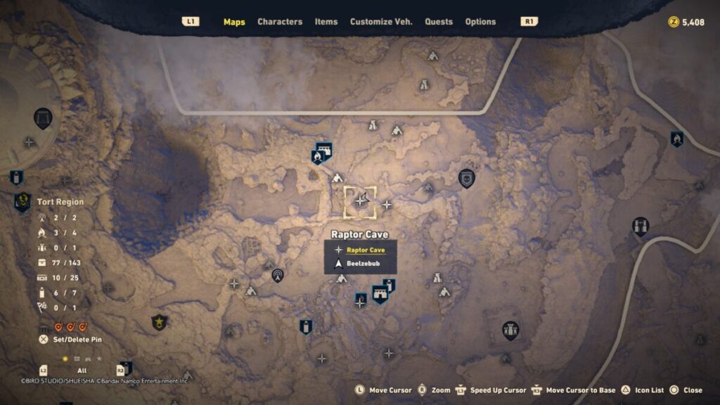 A map image of where you can find the Raptor Cave to hunt a Puraptor for the Tinkerer Siblings quest in Sand Land