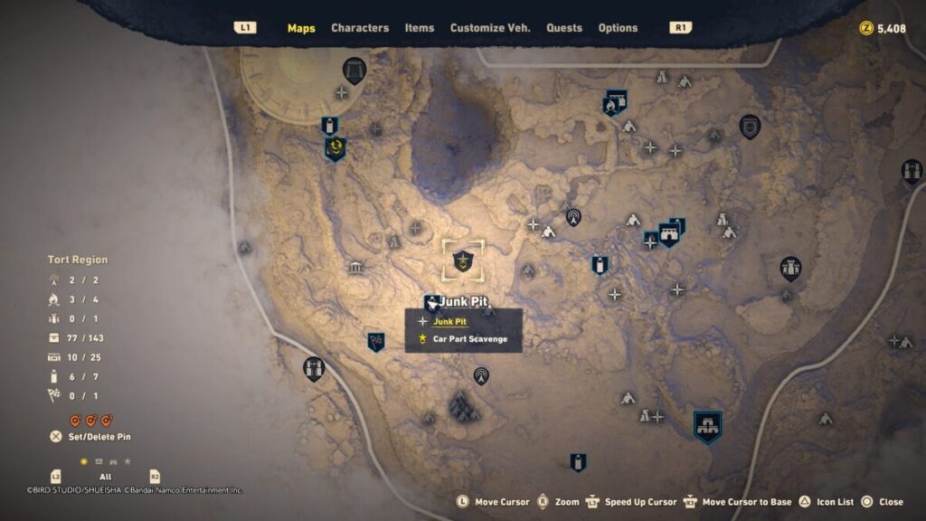 A map image of where the Junk Pit can be found for the Car Part Scavenge quest in Sand Land