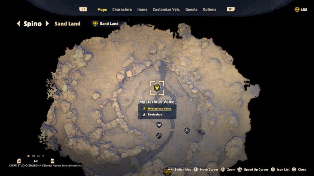 A map image of where to start the Mysterious Voice quest in Sand Land