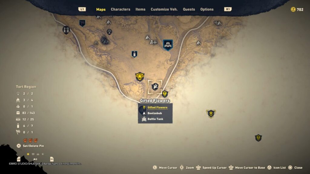 A map image of where to start the Gifted Flowers quest in Sand Land