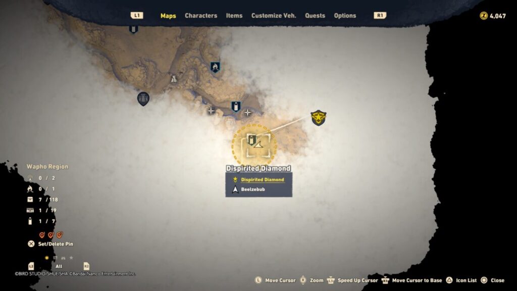 A map image of where to find the Pteranos during the Dispirited Diamond quest in Sand Land.