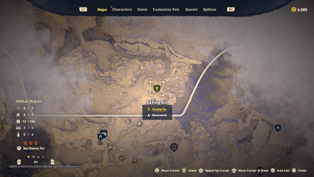 A map image of where to find the Diamonds during the Saving Sis quest in Sand Land