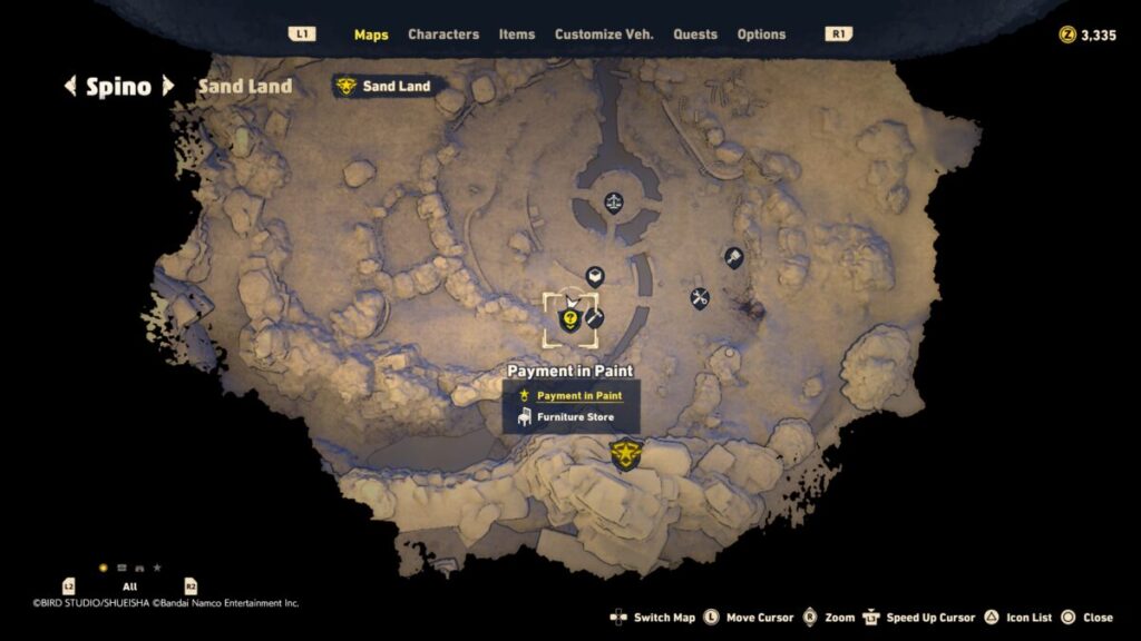 A map image of where to start the Payment in Paint quest in Sand Land