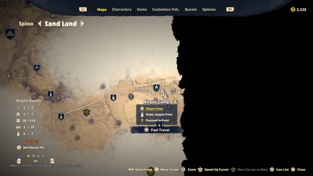 A map image of where to find the Akque Camp in Sand Land