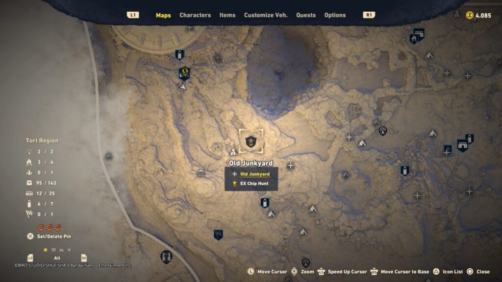 Map of where to find the Old Junkyard during the EX Chip Hunt quest in Sand Land