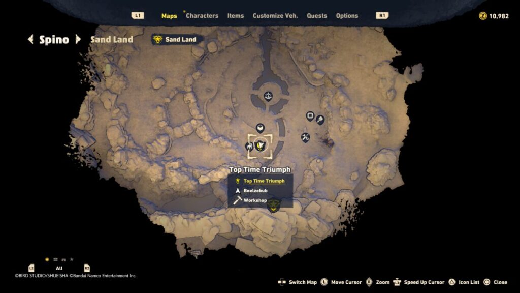 Map of where to start the Top Time Triumph quest in Sand Land