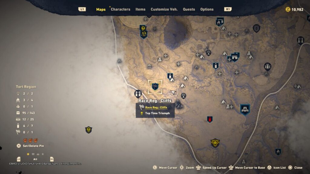 Map of where to find the Race Reg: Cliffs in Sand Land during the Top Time Triumph quest