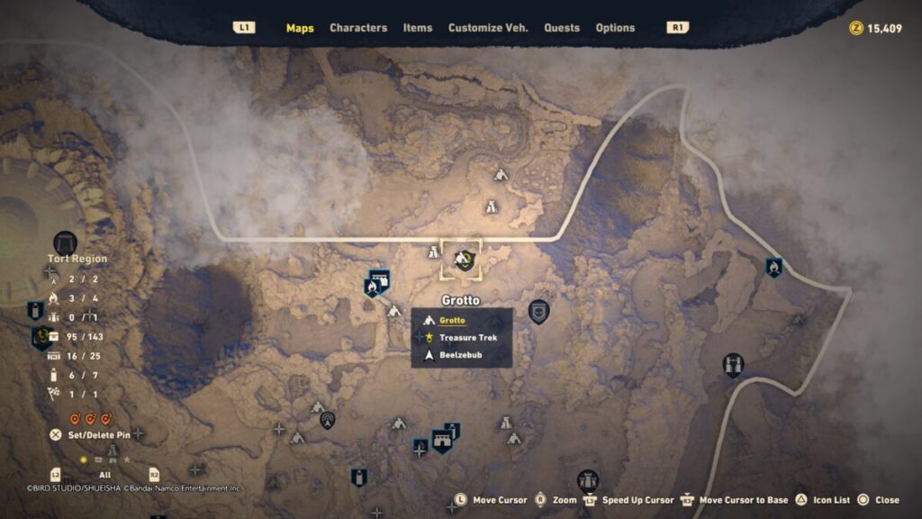 Map of where to start the Treasure Trek quest in Sand Land