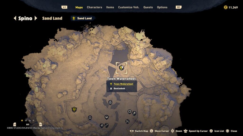 Map of where to start the Town Waterwheel quest in Sand Land