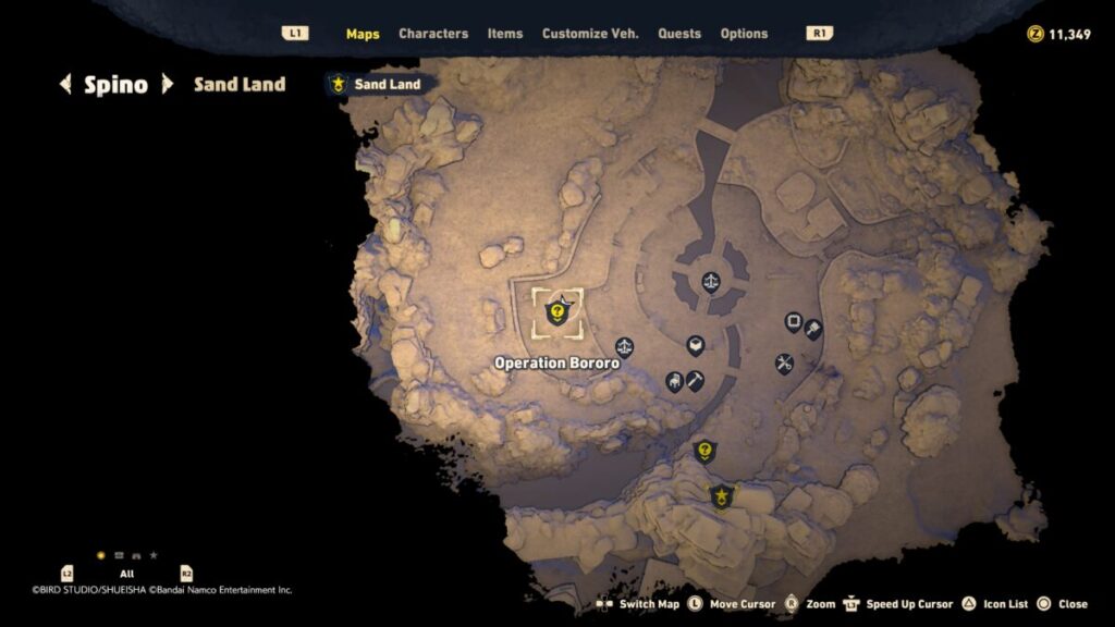 Map of where to start the Operation Bororo quest in Sand Land