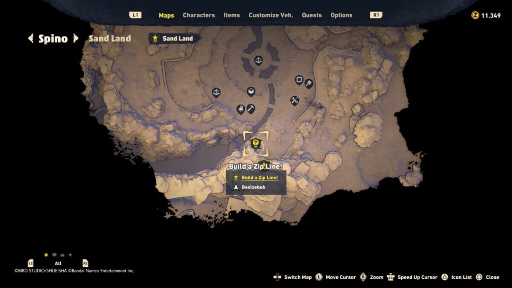 A map on where to start the Build a Zip Line! Quest in Sand Land