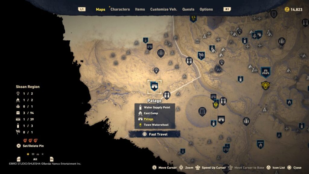 Map of where to find Patago for the Town Waterwheel quest in Sand Land