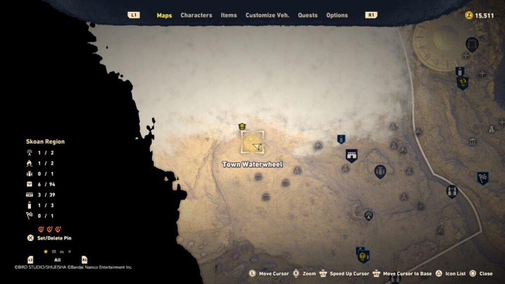 Map of where to find the Spades during the Town Waterwheel quest in Sand Land