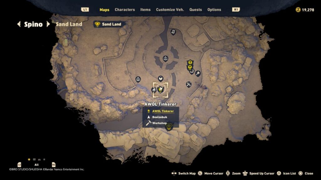 Map of where to start the AWOL Tinkerer quest in Sand Land