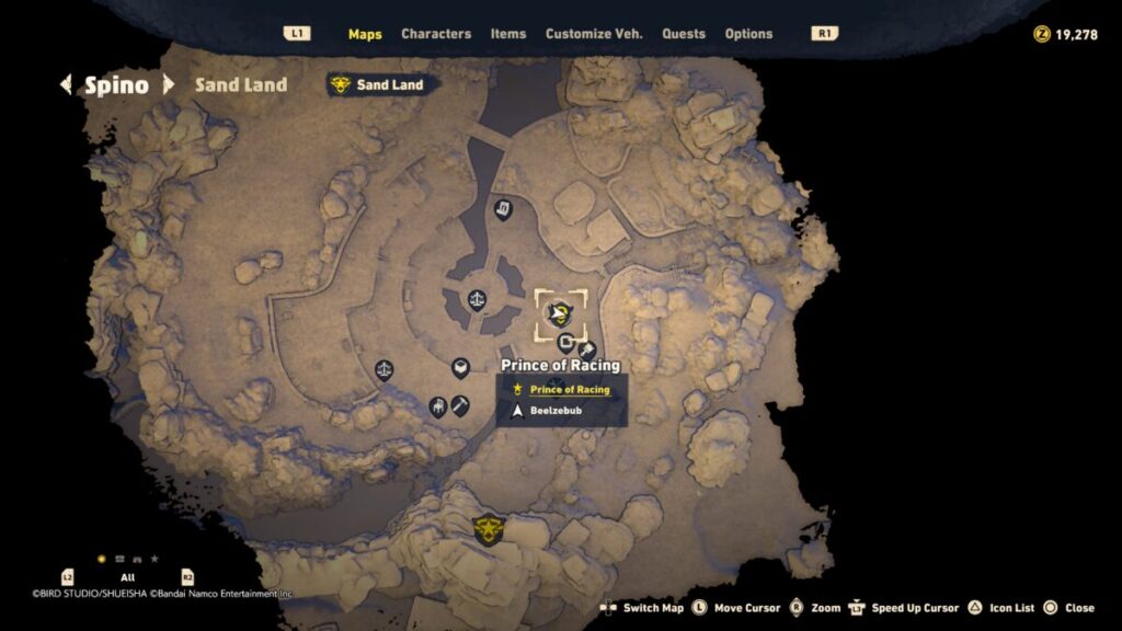 Map of where to start the Prince of Racing quest in Sand Land