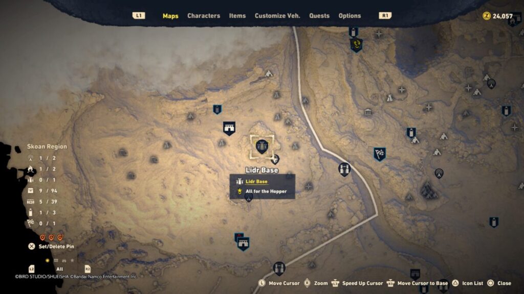 Map location for the Libr Base for the All for the Hopper quest in Sand Land