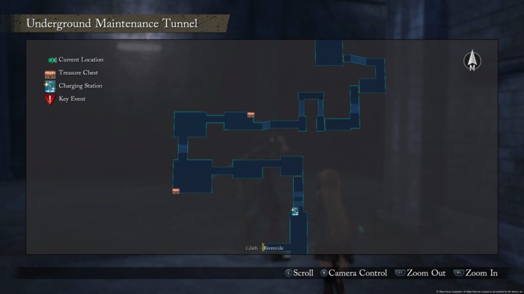 A map of the two chests that can be found around the Underground Maintenance Tunnel in the Trails Through Daybreak Prologue