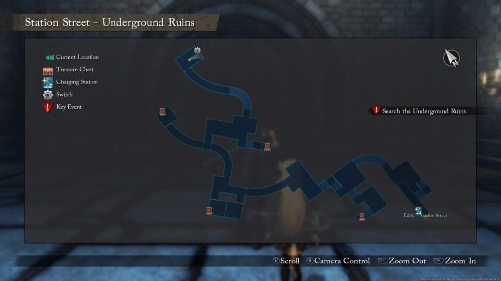 A map picture of all four chests you can find around the Station Street Underground Ruins in the Trails Through Daybreak Prologue