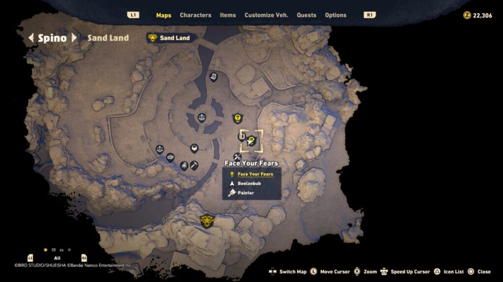 Map of where to start the Face Your Fears quest in Sand Land