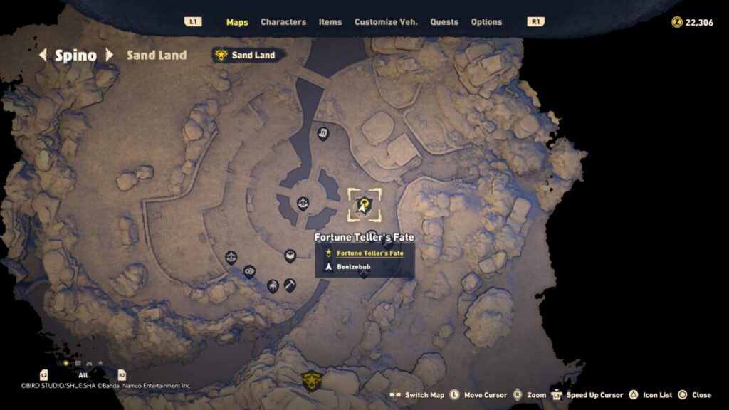 Map of where to start the Fortune Teller's Fate quest in Sand Land