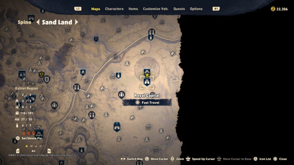 Map of where to find the Royal Capital during the Fortune Teller's Fate quest in Sand Land