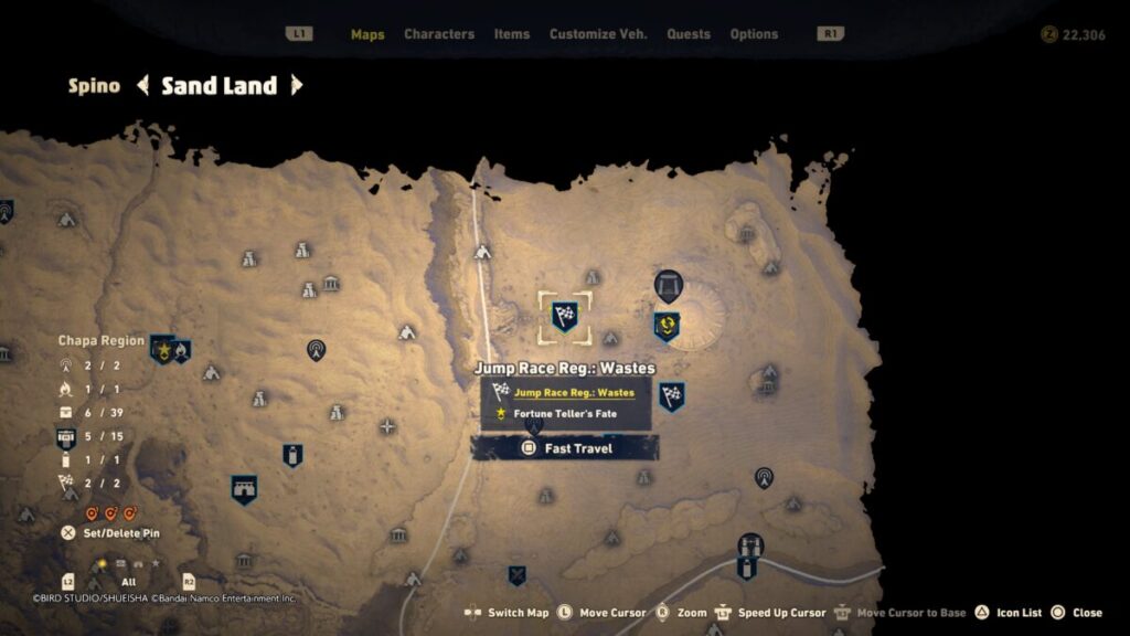 Map of where to find the Jump Race Reg: Wastes location during the Fortune Teller's Fate quest in Sand Land