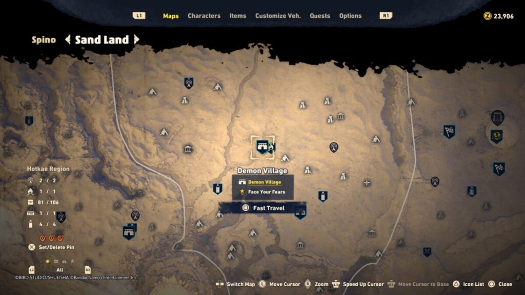 Map of the Demon Village during the Face Your Fears quest in Sand Land