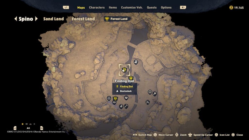 Map of where to start the Finding Dad quest in Sand Land