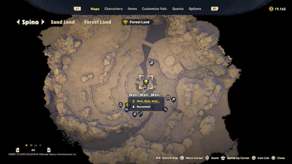 Map of where to start the Well Well Well quest in Sand Land