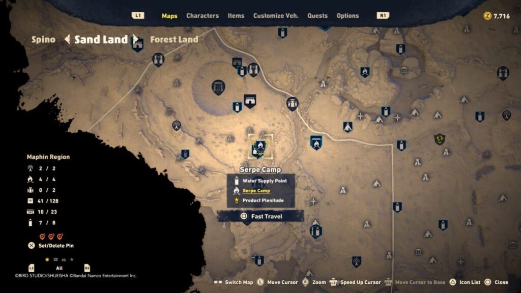 Map of where to find the Serpe Camp during the Product Plenitude quest in Sand Land