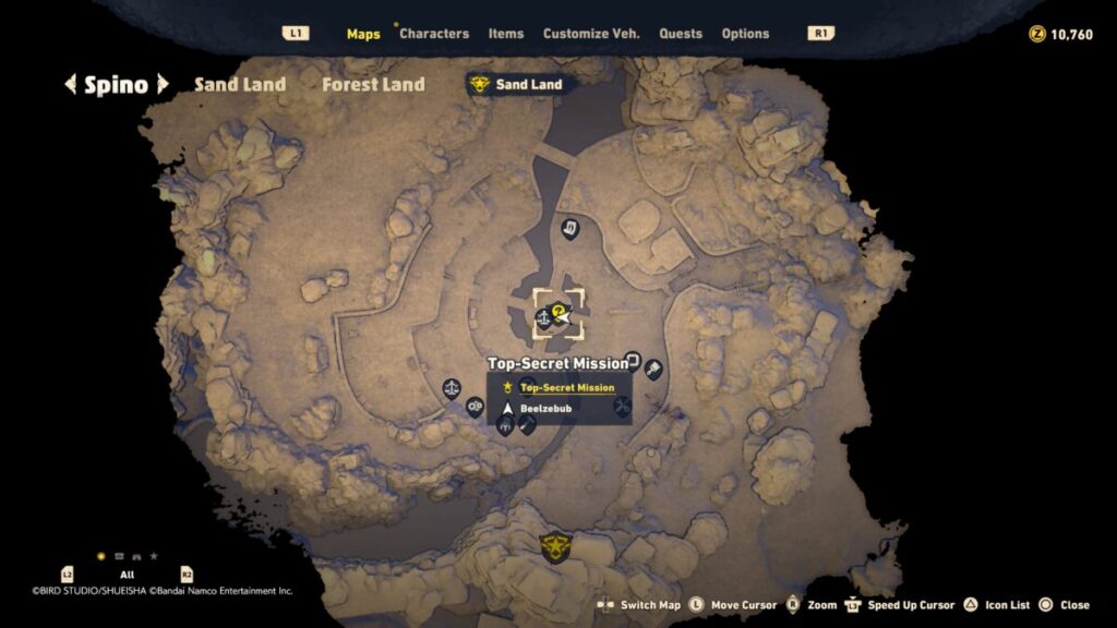 Map of where to start the Top-Secret Mission quest mission in Sand Land