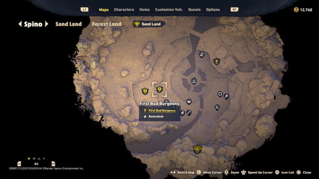 Map of where to start the First Bud Burgeons quest in Sand Land