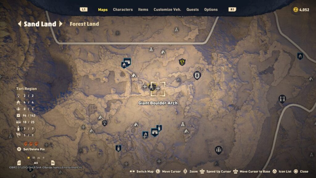 Map of where to find the Giant Bolder Arch during the Junk Millionaire quest in Sand Land