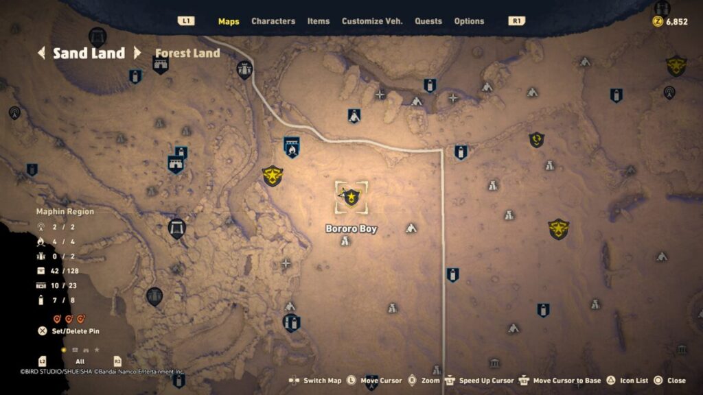 Map of where to find the raptor during the Bororo Boy quest in Sand Land