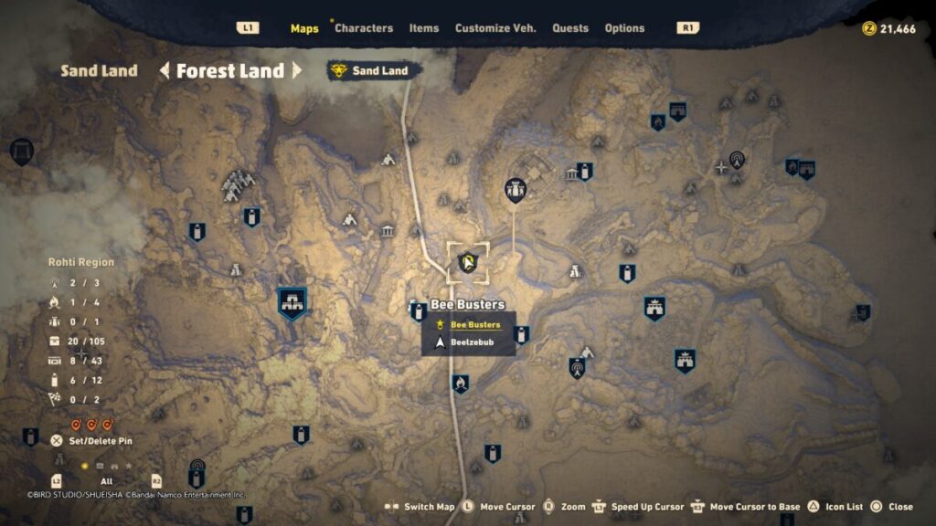 Map of where to start the Bee Busters quest in Sand Land