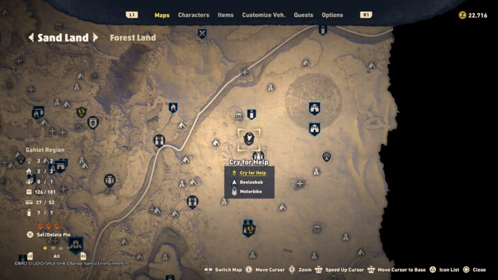 Map of where to start the Cry for Help quest in Sand Land