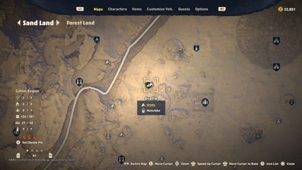 Map of where to find the grotto during the Cry for Help quest in Sand Land