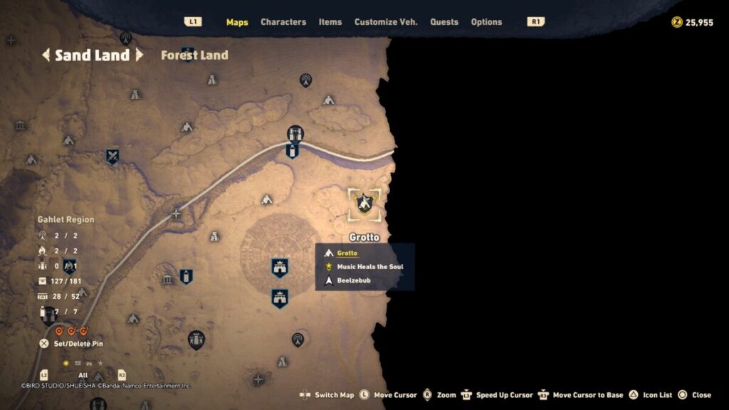 Map of where to find the priceless loot during the Music Heals the Soul quest in Sand Land