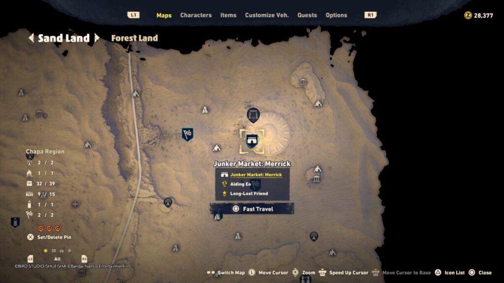 Map of where to find Merrick for the Long Lost Friend quest in Sand Land