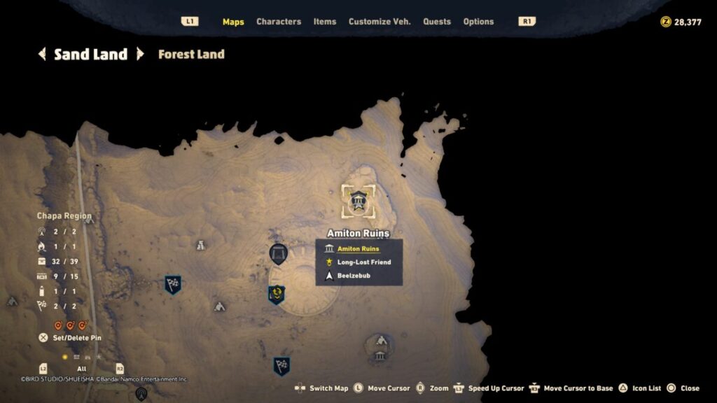 Map of where to find the Amiton Ruins during the Long Lost Friend quest in Sand Land