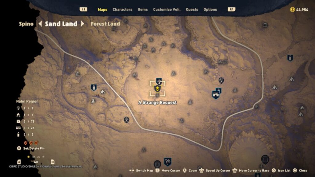 Map of where to start the A Strange Request quest in Sand Land