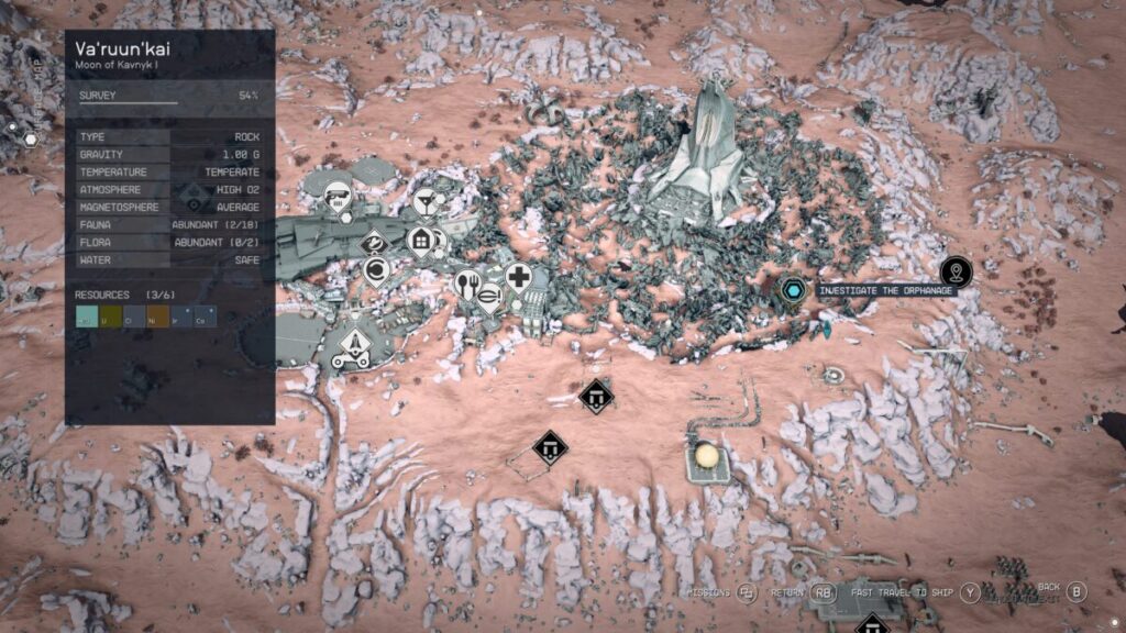 Map location of the orphanage during the Starfield Shattered Space Fallen Footsteps mission